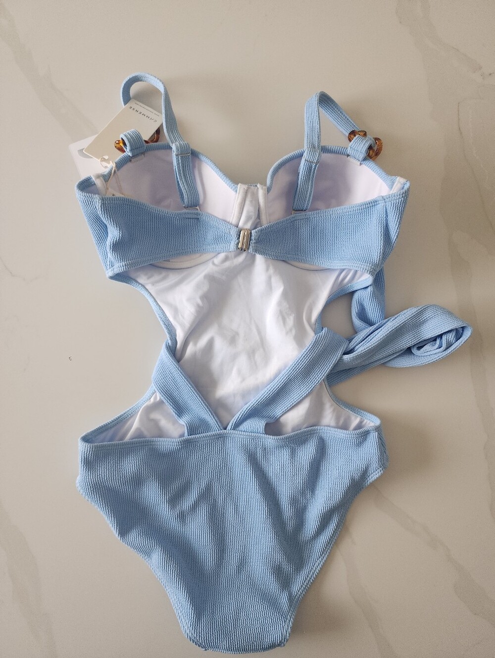 Commense Light Blue Ribbed Cutout One-Piece Swim Tortoise Shell Straps Size Med - Picture 8 of 12